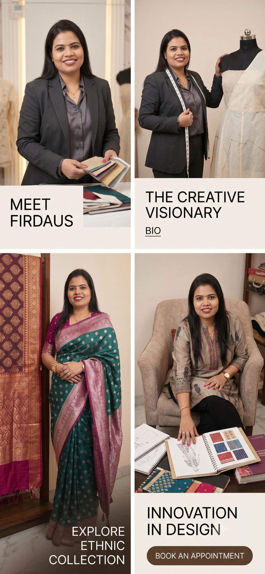 Firdaus Pal at Sheen Styles studio with fabric swatches, saree drapes and sketchbook