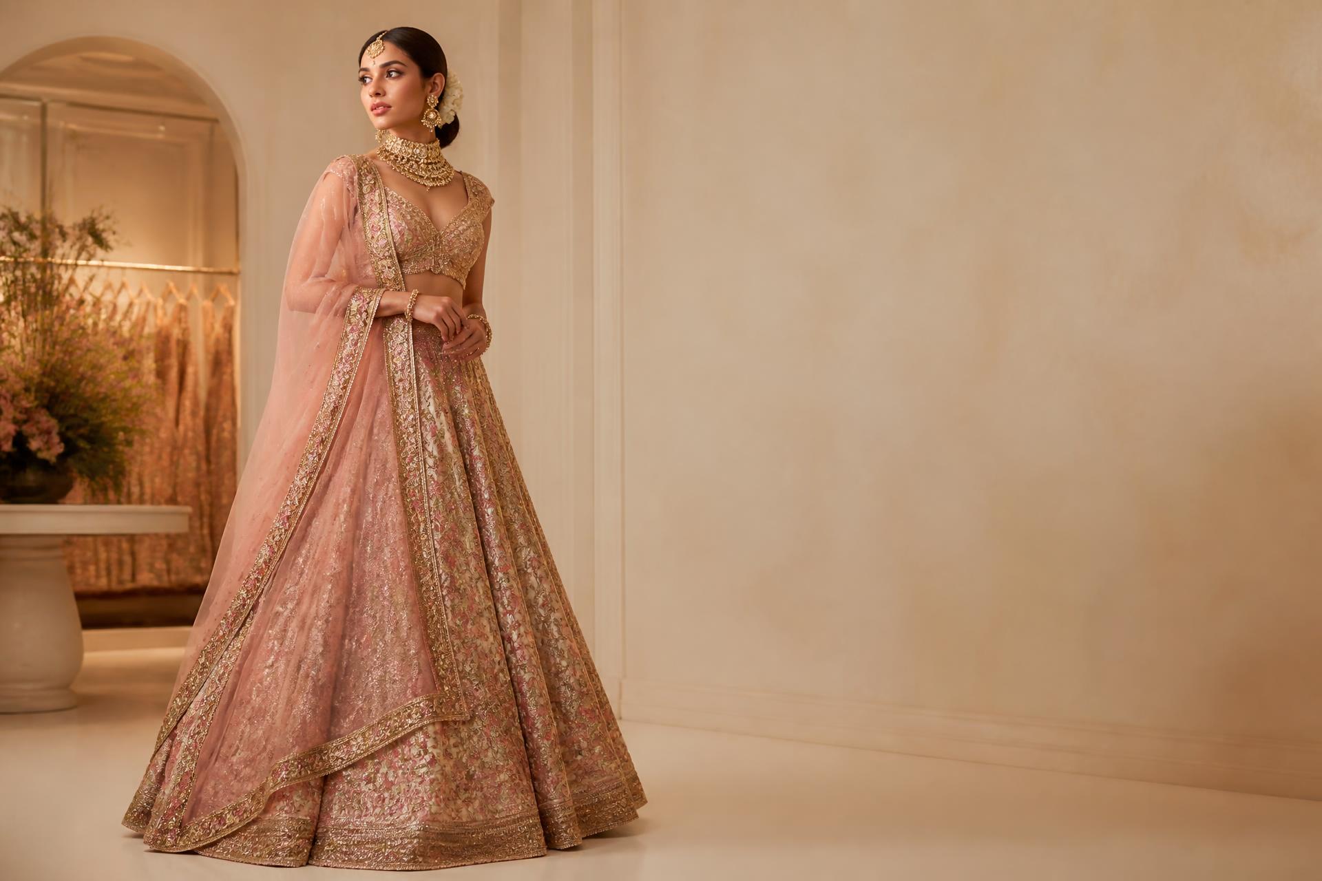 Model in a rose gold bridal lehenga at Sheen Styles boutique in Gurgaon